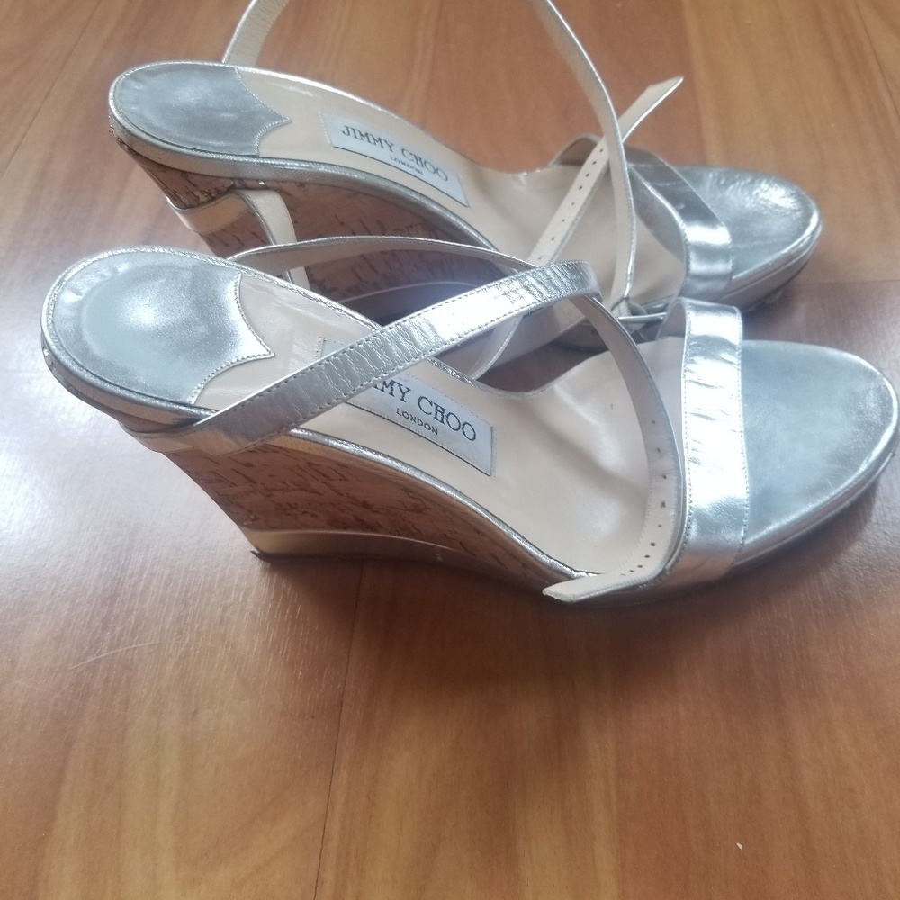 Silver Jimmy Choos wedge strappy sandals
